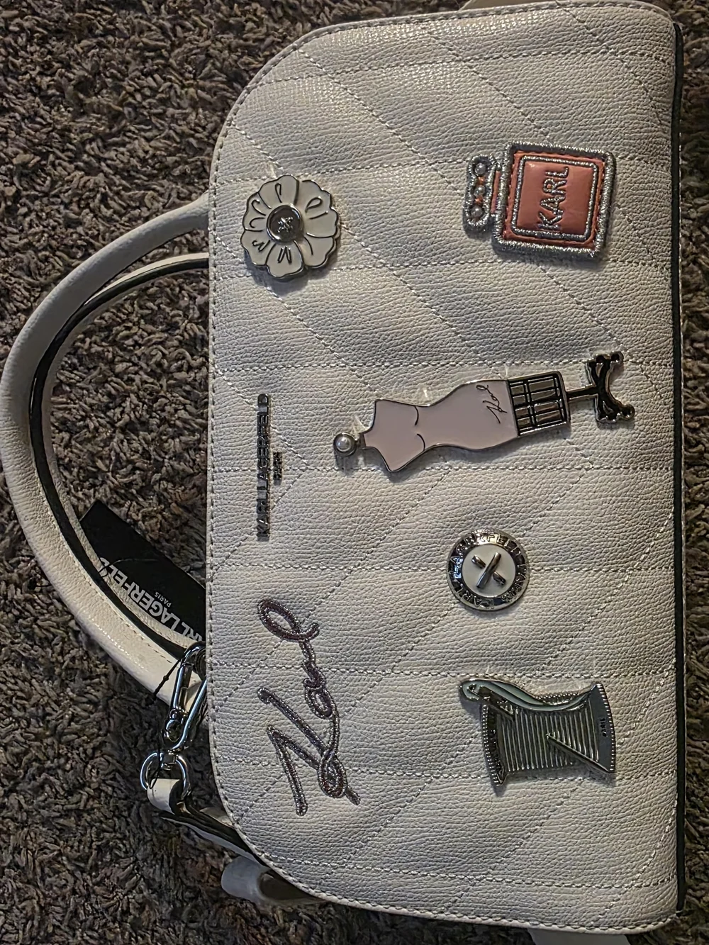 Karl Lagerfeld White Quilted Satchel with Playful Charm Accents